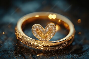 Shiny gold wedding ring with heart design symbolizing love and commitment, beautifully crafted with intricate details