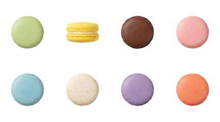 Assorted macaron set including pistachio, lemon, chocolate, strawberry, blueberry, vanilla, and orange flavors isolated. French pastry and sweet dessert collection.