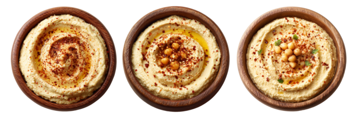 Creamy hummus garnished with olive oil, chili flakes, and mint leaves in wooden bowl, isolated on white background