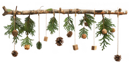 Rustic branch adorned with pine needles pinecones and wooden beads hanging from strings on transparent background