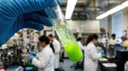 Scientist's gloved hand holding a test tube with bright green liquid in a bustling chemical research laboratory.