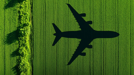 A large airplane is flying over a field of green grass