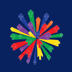 Colourful arrows facing up extruded from the base with dark blue background.