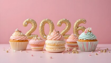Delicious pastel sweets and cupcakes celebrate the upcoming year 2026 on a pink background. 2026 food 