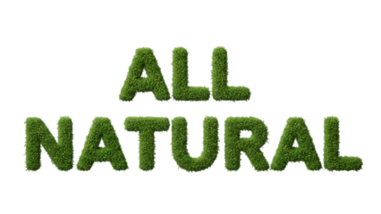 Green grass letters spelling all natural isolated on a transparent background