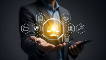 Close-up of a businessman holding a smartphone with a glowing legal scale icon and various app symbols floating above his hand against a dark background.