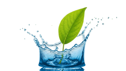 Green leaf emerging from splashing water droplet isolated on a transparent background