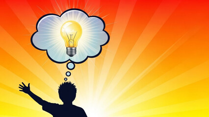 A silhouette of a man with a thought bubble containing a glowing lightbulb against a vibrant orange and yellow gradient background