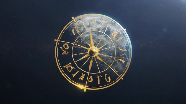 Golden Zodiac Wheel Rotation with Earth in Space