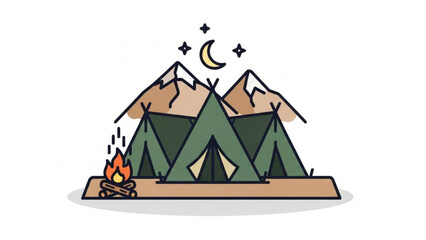 A vector graphic illustration of a serene camping scene with tents and mountains under a starry night sky