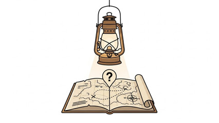 A vector graphic illustration of a lantern shining light on an open map with a question mark