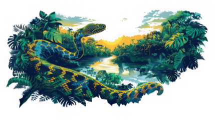 A vibrant illustration of a green snake winding through lush tropical foliage and a serene river on transparent background