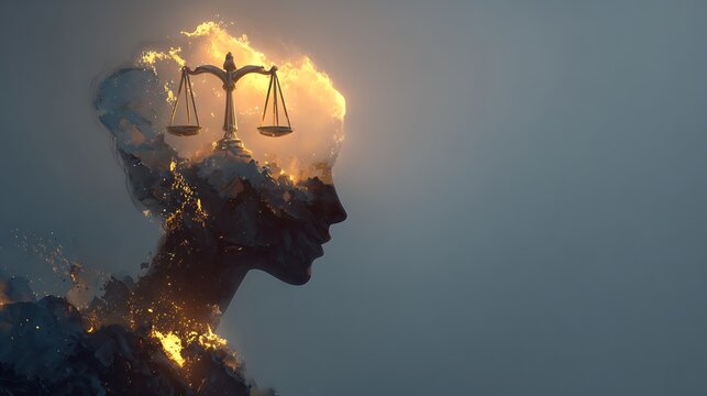 Conceptual image of human mind with justice scales.