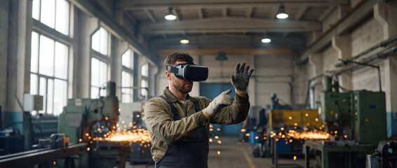 A worker wearing VR glasses, interacting with a virtual environment in an industrial setting, showcasing the fusion of technology and labor.