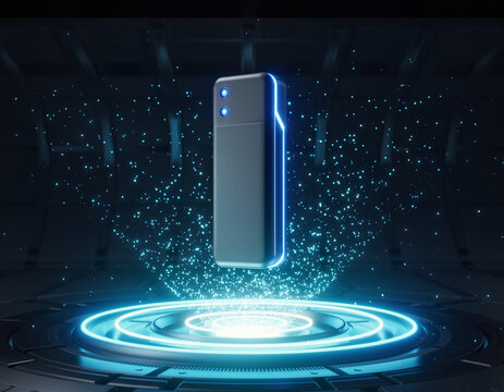 A futuristic floating 3D render of the Amazon Fire TV Stick 4K Max rotating above a h