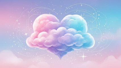A whimsical heart-shaped cloud illustration in pastel colors with a starry background