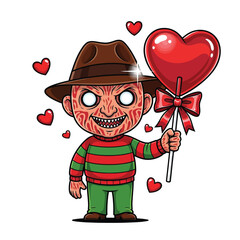 Cartoon character holding heart balloon isolated on white background