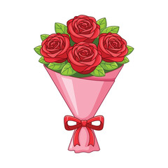 Bouquet of red roses in pink wrap isolated on white background