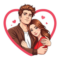 Young couple hugging inside heart, isolated on white background