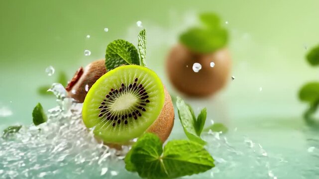 Fresh kiwi fruit halved with mint leaves on a soft green background, 4k video