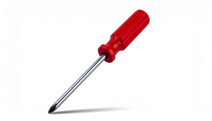 Phillips head screwdriver with red handle and metallic shaft diagonally placed on white background with shadow