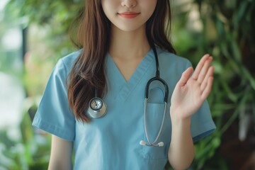 Young woman wearing scrubs and a stethoscope smiling while waving at the camera in a lush green setting during daylight hours