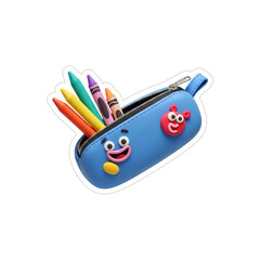 Cute Blue Pencil Case With Smiling Crayons, Fun Kids Stationery Accessory