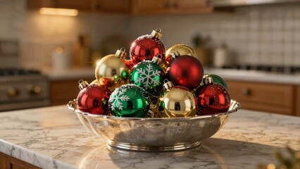 Festive Christmas ornaments in silver bowl on kitchen counter