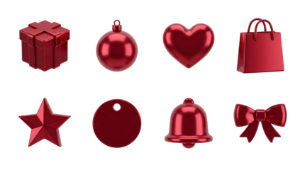 Red metallic christmas icon set including gift box, bauble, heart, shopping bag, star, tag, bell, and bow isolated. Festive holiday and celebration decorative elements collection.