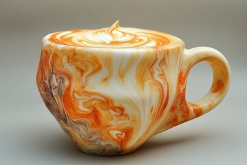 Marvelous hot art latte coffee cup with intricate marbling design showcased on a neutral background