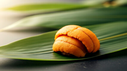 Wabi-sabi luxury of a solitary piece of fresh sea urchin (uni) resting on a young bamboo leaf, its orange texture contrasting with pale green surface 