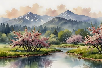 A serene landscape with apple blossoms in full bloom