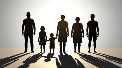 A vector graphic illustration of a family in silhouette standing together