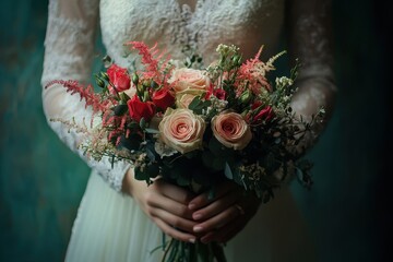 Bride displays a stunning wedding bouquet featuring roses and greenery in an elegant setting, capturing the essence of love and celebration during a joyous occasion
