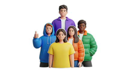 Diverse group of five 3D characters in casual clothing