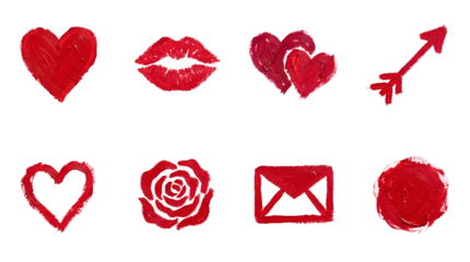 Red lipstick paint symbols set including hearts, lips, rose, arrow, and envelope isolated. Romantic valentine and makeup cosmetics collection.