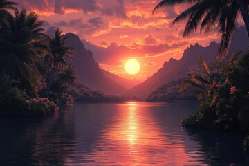 Serene sunset over a calm river with vibrant colors reflecting on the water surrounded by lush palm trees and mountain silhouettes during twilight hours
