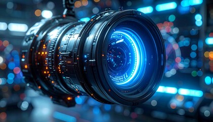 Futuristic camera lens with glowing blue ring and illuminated circuitry in dark sci-fi environment