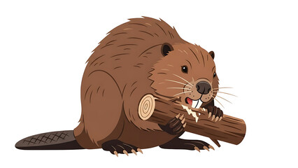 Cute illustration of a beaver gnawing on a tree branch with its sharp incisors, isolated on a white background