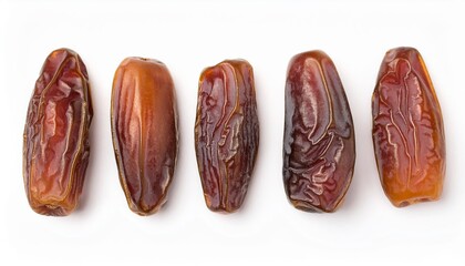 Dates dried fruit forming a row on white background
