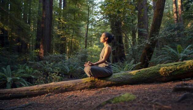 A person meditates in a lush forest, sitting in a lotus position on a fallen log. The soft, natural light highlights the calm serenity of the scene.