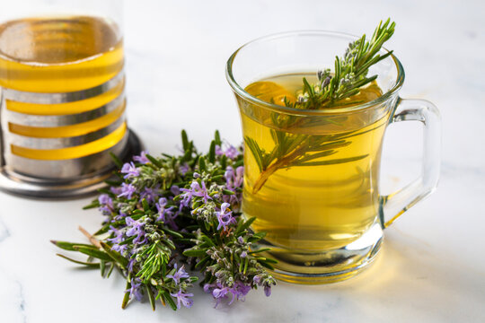 Cup of healthy rosemary tea with fresh rosemary bunch on rustic background, winter herbal hot drink concept, salvia rosmarinus