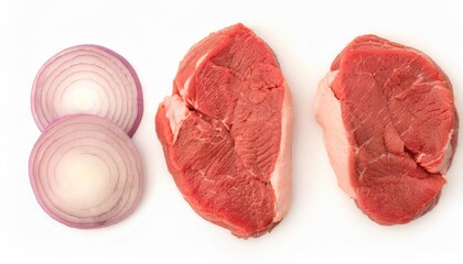 Raw beef steaks with red onion slices preparing for cooking