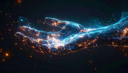 Futuristic glowing hand made of blue and orange particles, palm up against dark background, symbolizing human-tech fusion