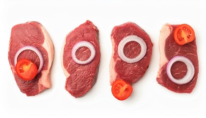Raw beef steaks with red onion and tomato slices
