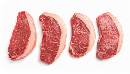 Row of raw beef picanha steaks on white background