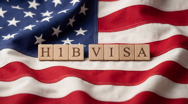 H1B Visa in America: The letters H1B VISA are artfully arranged against a waving American flag, visually encapsulating the concept of immigration, international employment.
