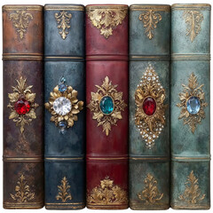Ornate Vintage Jewel-Embellished Book Spine Collection with Gold Filigree and Rich Colors for Classic Decor
