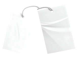 Two rectangular white paper tags connected by a silver string