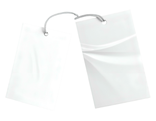 Two rectangular white paper tags connected by a silver string